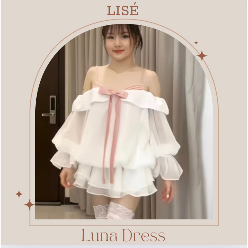 Lise clothing | Đầm thiết kế trễ vai tay phồng đính nơ hồng KÈM QUẦN( Video sản phẩm)•Luna Dress
