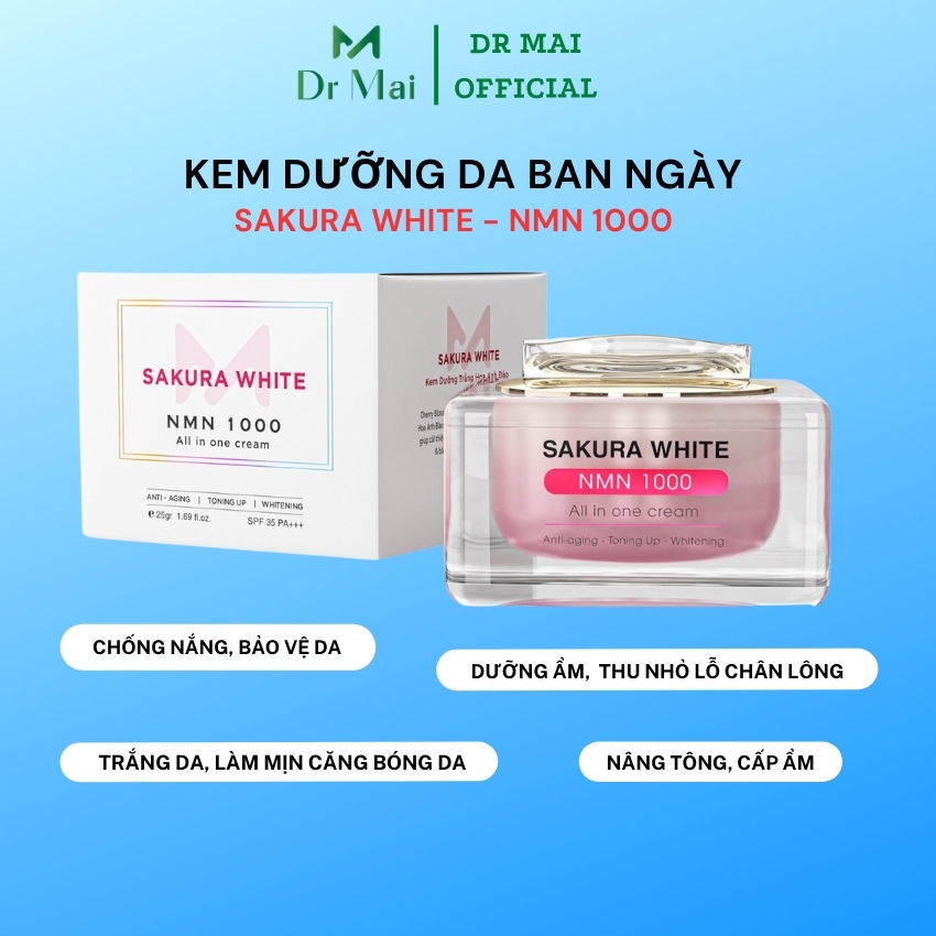 Dr Mai, Kem dưỡng trắng da chống nắng hoa anh đào Sakura White Nmn 1000,dưỡng da trắng sáng, ngăn lã