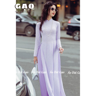 Áo Dài truyền thống hoạ tiết hoa cúc màu tím pastel, áo dài gấm lụa cao cấp