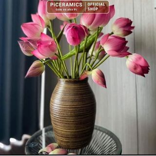 Bình hoa dáng chum gốm Bát Tràng, màu men mộc vân ganh, cao trên 30cm