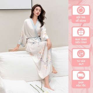 Áo choàng ngủ lụa nữ dáng dài Shury Store Home Wear AC41 in 3D màu kem cao cấp mặc nhà đi biển  freesize dạng buộc dây