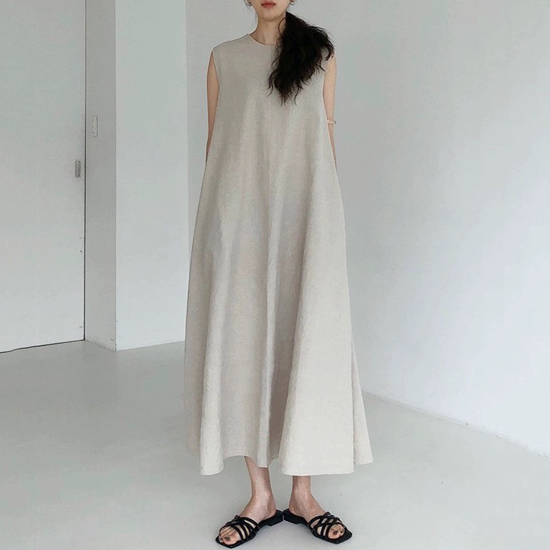 Đầm linen suông 3 lổ
