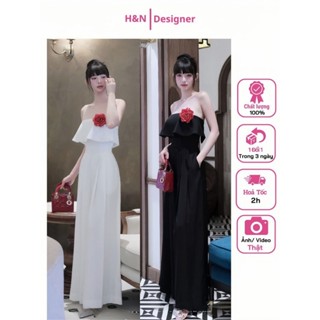[ Sẵn - Hỏa Tốc ] Jumpsuit Nữ Dáng Dài Cúp Ngực Bèo Ống Rộng Kèm Hoa Rời Đồ Liên Thân Đồ Bay Dự Tiệc