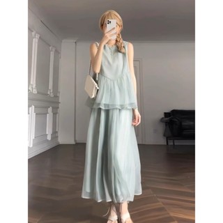 Set Bộ Siêu Phẩm Áo Voan Tơ Sát Nách Dáng Babydoll Nhún Bèo Dáng Xòe Phối Chân Váy Midi Dáng Xòe 2 Lớp Vibe Tiểu Thư