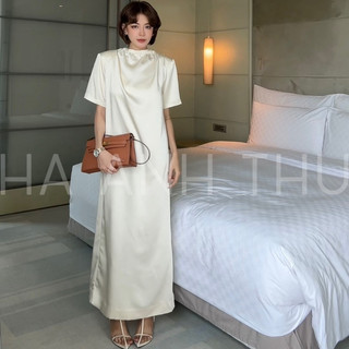 [ HA ANH THU ] Đầm Lụa Độn Vai Tay Ngắn Dáng Dài Thiết Kế