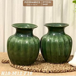 Lọ hoa mini để bàn gốm Bát Tràng, dáng quả bí màu trắng xanh men bóng, cao 18cm