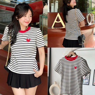 Áo thun, áo phông nữ baby tee sọc kẻ viền đỏ thêu trái tim đỏ mặt cười cotton kèm ảnh thật hot hit