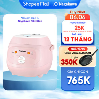 Nồi cơm điện 1L Nagakawa NAG0134 (400W) - 2 chế độ - Lòng nồi dạng niêu chống dính - Bảo hành 12 tháng - Màu: Hồng Trắng