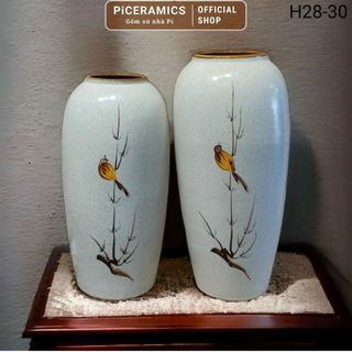 Bình cắm hoa dáng trụ vẽ chim đậu cành tre, gốm Bát Tràng cao 28cm và 30cm