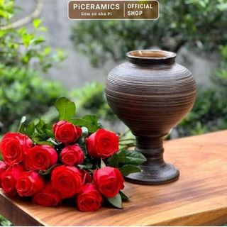 Bình cắm hoa dáng chân đèn gốm Bát Tràng, màu nâu mộc cao 28cm miệng 11cm