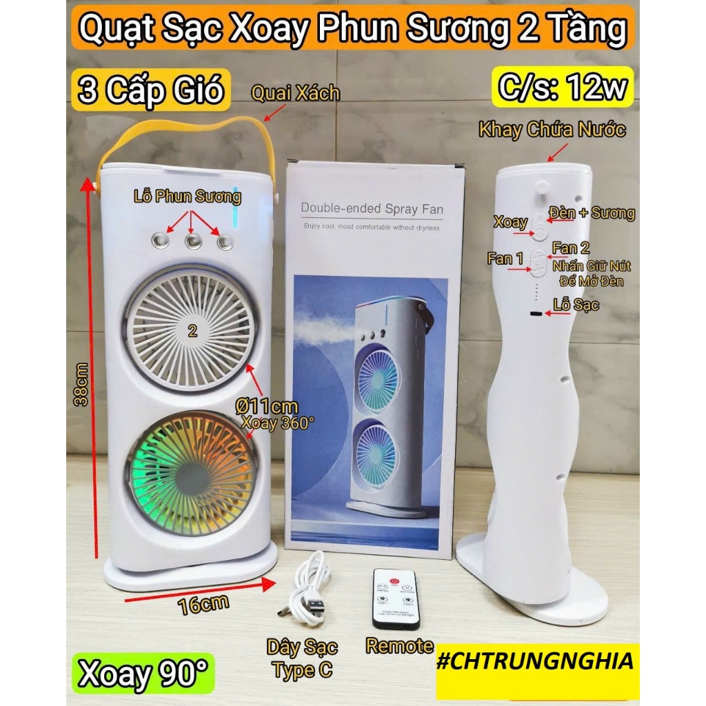Quạt Điều Hòa Phun Sương Tích Điện CAO 38CM XOAY 180 CÓ Đèn LED 7 MÀU Với 2 Cánh Gió,3 Đầu Phun Sương 12WAT