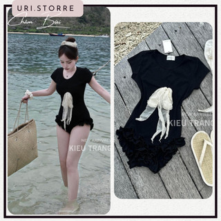 Jumpsuit Đen Cổ Tròn, Jum Đi Biển Viền Bèo Đính Voan Nơ Trắng Ôm Body Tôn Dáng Thiết Kế Cao Cấp Đi Biển Đi Du Lịch.