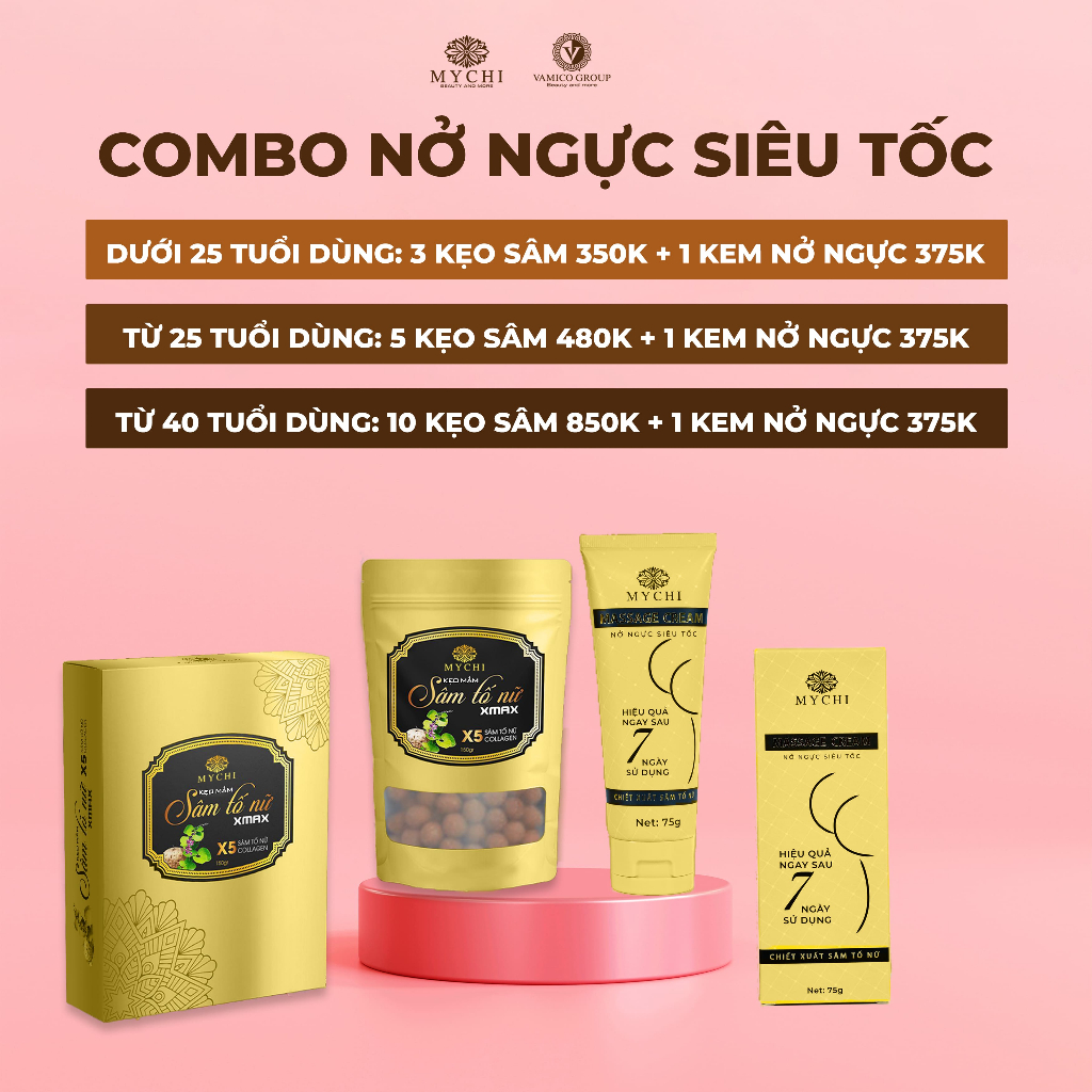 Liệu trình tăng size Vòng 1 siêu tốc COMBO Kẹo mầm Sâm tố nữ Xmax & Kem massage nở ngực MYCHI