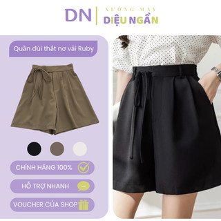 Quần short nữ cạp cao ống rộng thắt dây nơ chất vải Ruby hàn, Quần đùi lửng có dây thắt lệch