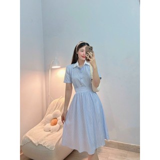 Đầm thiết kế tay lỡ cổ sơ mi phối nút bọc