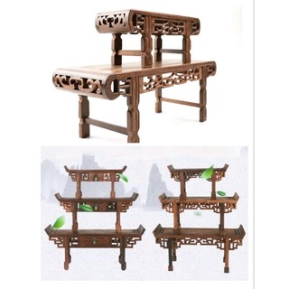 Đôn gỗ trưng bày ấm trà, đá, tượng, bonsai