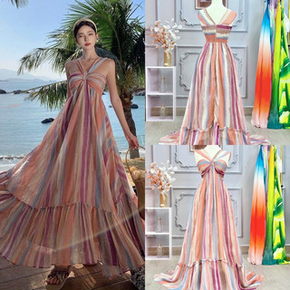 Váy maxi hoạ tiết sọc lưng bo chun có khoá kéo tùng xoè 3m2 - Maxingoclan
