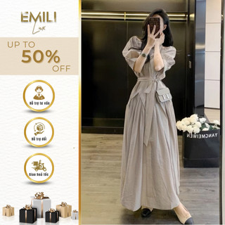 Đầm sơ mi kiểu nữ phong cách tay bồng Emili đầm suông dài chiết eo chất thô Hàn đi tiệc kiểu nữ 