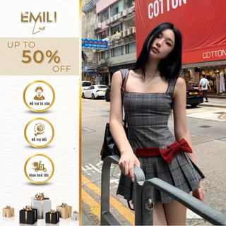 Váy ngắn kẻ sọc phong cách kiểu nữ Emili váy ngắn chiết eo kiểu xinh phong cách Hàn Quốc 
