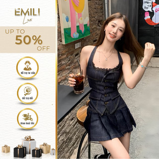 Set áo denim phong cách kiểu nữ phối ren Emili set áo phối chân váy xếp ly phong cách Hàn Quốc 