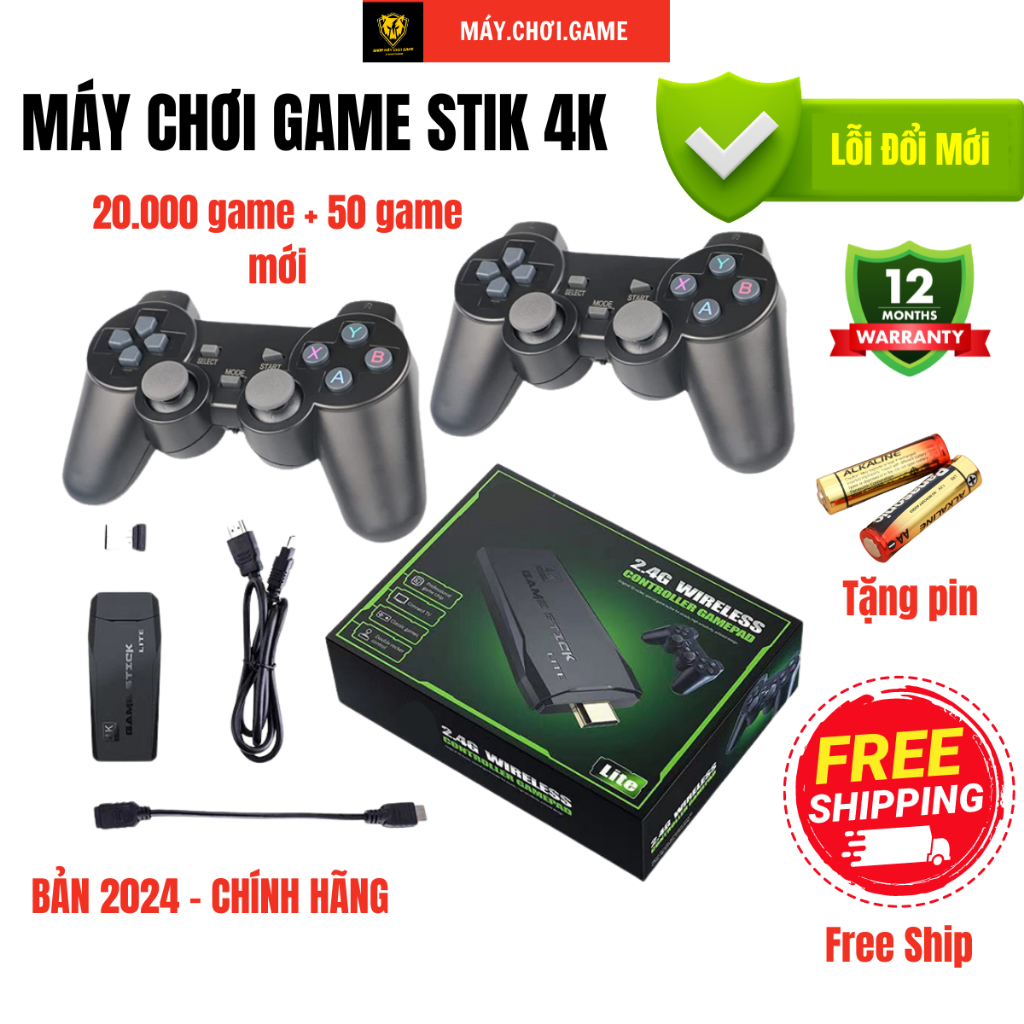  Máy Chơi Game Stick 4K Cầm Tay V5 Pro 2024 Tiếng Việt 64GB 20.000 trò + 50 game mới có 2 tay cầm không dây kèm theo 