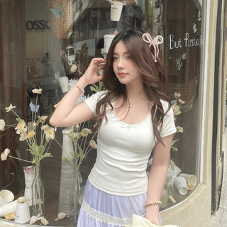 Áo thun ceci ngắn tay cổ vuông viền ren dáng ôm body chất liệu thun tăm mềm mát - áo babytee ôm nơ