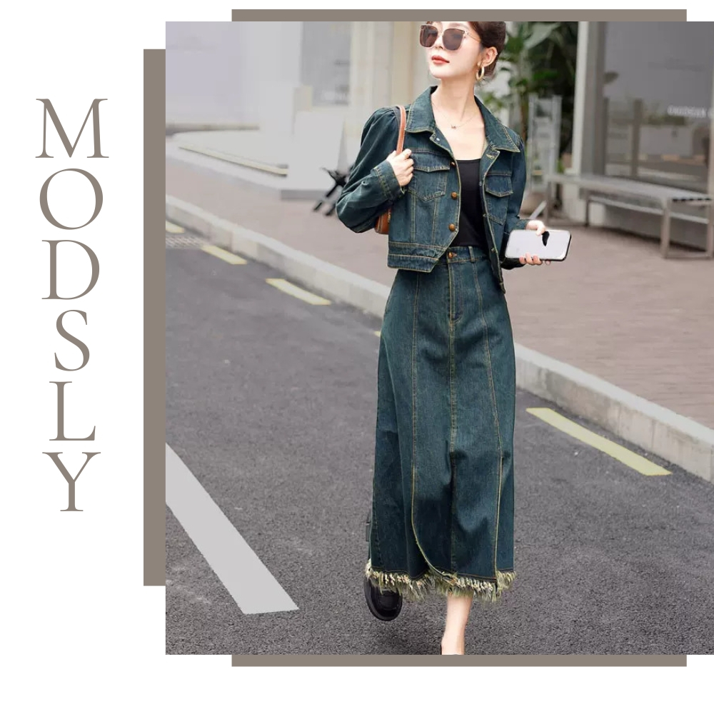 váy tua dáng dài jean CV033 chan váy bò lưng cao phong cách tua rua sành điệu