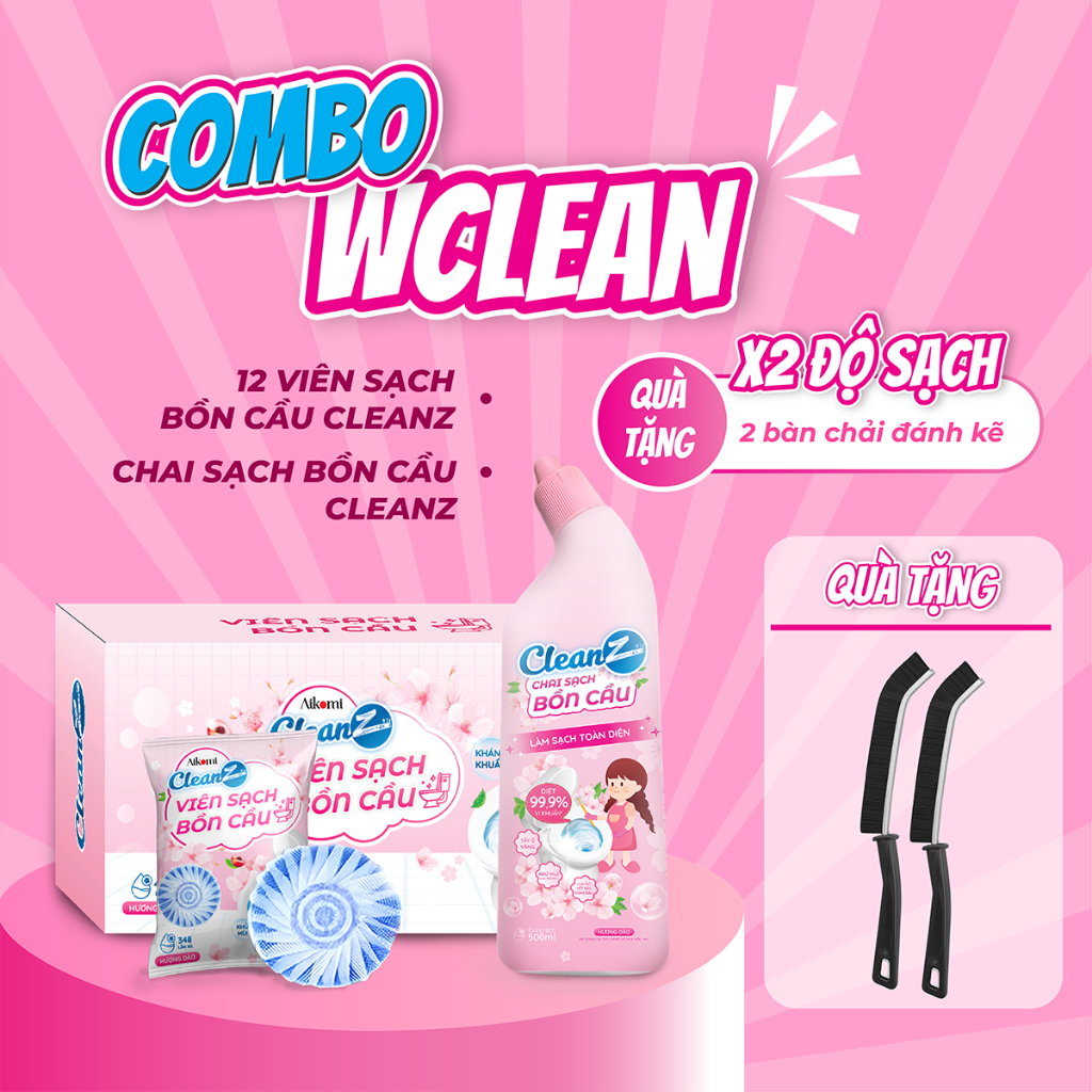 Combo WCLEAN Viên sạch bồn cầu CleanZ 12 viên và 01 Chai sạch bồn cầu CleanZ - Tặng 02 bàn chải đánh