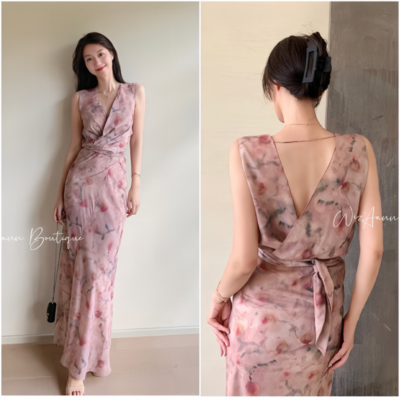 Maxi Hoa Loang Đắp Chéo Ngực Buộc Eo siêu sang và tôn dáng