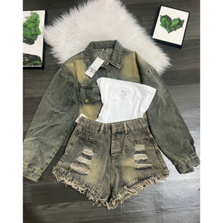 SET 3 MÓN  ÁO KHOÁC Bò THÊU PARIS HOT HIT DÁNG NGẮN FORM RỘNG MÀU BỤI VÀNG MẪU MỚI MIC QUẦN BÒ TUA 4 khuy áo quây ngực