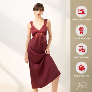 Đầm lụa dài phối ren thiết kế cao cấp fepril lace embellished silk dress
