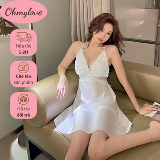 Váy ngủ sexy OHMYLOVE chất liệu lụa satin kèm mút ngực phối ren dây đan chéo khoét sâu ở lưng gợi cảm SX016