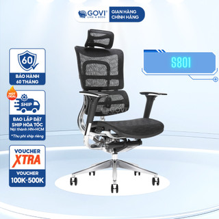 Ghế công thái học GOVI S801 - Tựa đầu tựa tay điều chỉnh, chân hợp kim, ngả lưng khóa đồng bộ 90-135 độ