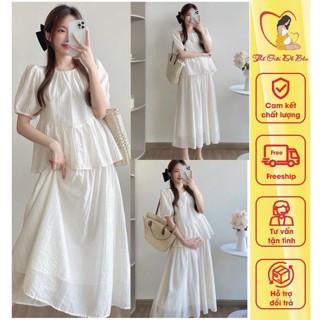 Set Đầm Váy Bầu Sang Chảnh Cộc Tay Mùa Hè Chất Liệu Tơ Tằm Cao Cấp, Gồm Áo Babydoll Và Chân Váy Dáng Dài, đi chơi đi làm