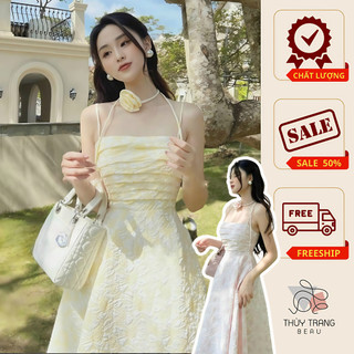 Váy 2 dây dáng dài, đầm dài tiểu thư kèm choker hoa cổ đi chơi dự tiệc Nahouse váy xòe midi gấm xốp thiết kế xinh sang