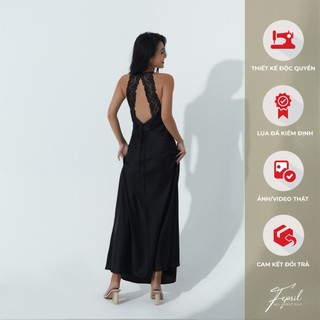 Đầm lụa hở lưng phối ren fepril lace open back long gown