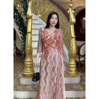 Đầm Dạ Hội Dự Tiệc Nữ, Màu Hồng Kim Tuyến Phối Hoa, Sang Trọng, Đủ Size