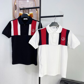 Áo polo nam tay ngắn, áo nam cổ trụ thêu chữ LD phối sọc ngực vai đỏ, vải cotton mềm hút mồ hôi tốt