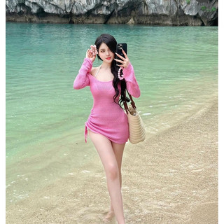 Bikini 2 mảnh, váy lưới bikini hồng kín đáo, bikini váy đồ đi biển