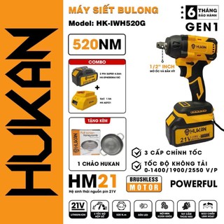 Máy siết bulong pin hukan hk-iwh520g, động cơ không chổi than, lực siết 520nm, 3 tốc độ
