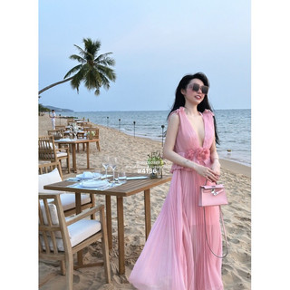 Váy tơ kết hoa dập ly cổ V TKCC