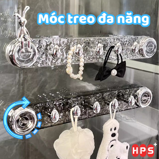 Móc treo gắn tường trong suốt 5 chân móc, thanh treo đồ đa năng cốc hút gắn tường không khoan đục