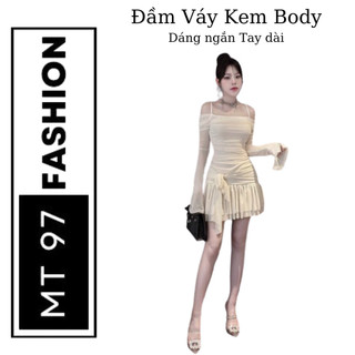 Đầm Váy thun Rớt Vai 2 Dây màu trắng kem dáng Ngắn Nhún Ngực 2 Lớp Mặc Đi Tiệc Đi Chơi MT97