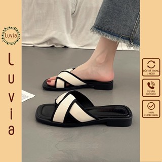 Dép nữ cao cấp quai chéo phối màu đen trắng đế TPR chống trơn trượt Luvia 116DN