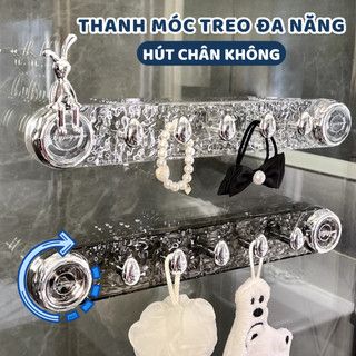 Móc treo gắn tường trong suốt 5 chân móc, thanh treo đồ đa năng cốc hút gắn tường không khoan đục