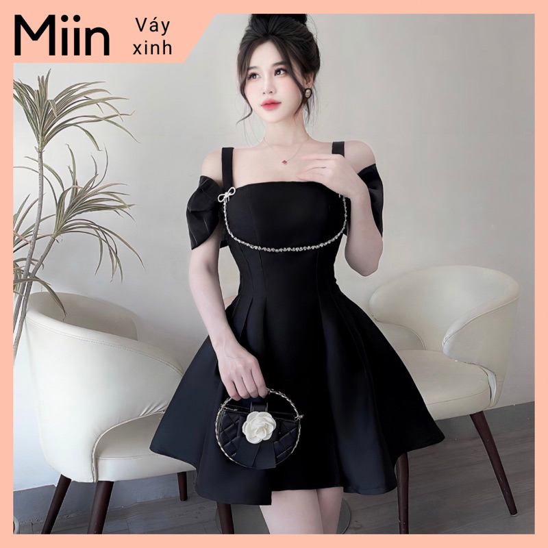 Váy tapta rớt vai phối khuy