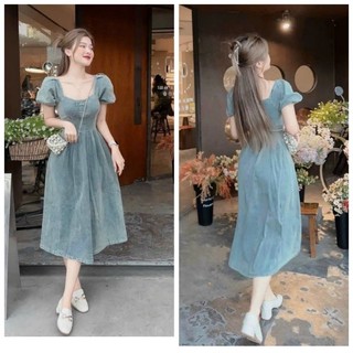 Đầm thời trang nữ kiểu tiểu thư mặc đi chơi chất jean cổ vuông tay búp ngắn váy dài xòe qua gối midi siêu xinh