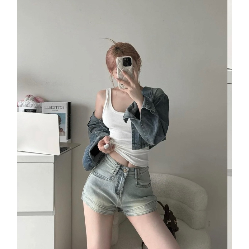 Quần short bò jeans nữ tôn vòng 3 ống rộng lưng cao hack dáng cực xinh | BigBuy360 - bigbuy360.vn