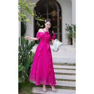 Đầm Đi Biển Nữ - Chất Xốp Nhật Trễ Vai Dây Chéo Đính Bông Bèo Nhún Eo Nút Xoè Maxi - 5 Màu QC

