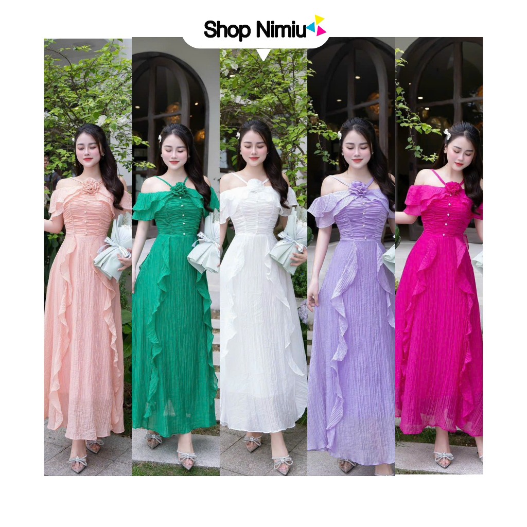 Đầm thời trang nữ mặc đi biển chất xốp nhật trễ vai dây chéo cổ đính bông bèo nhún eo nút váy xoè maxi 5 màu QC